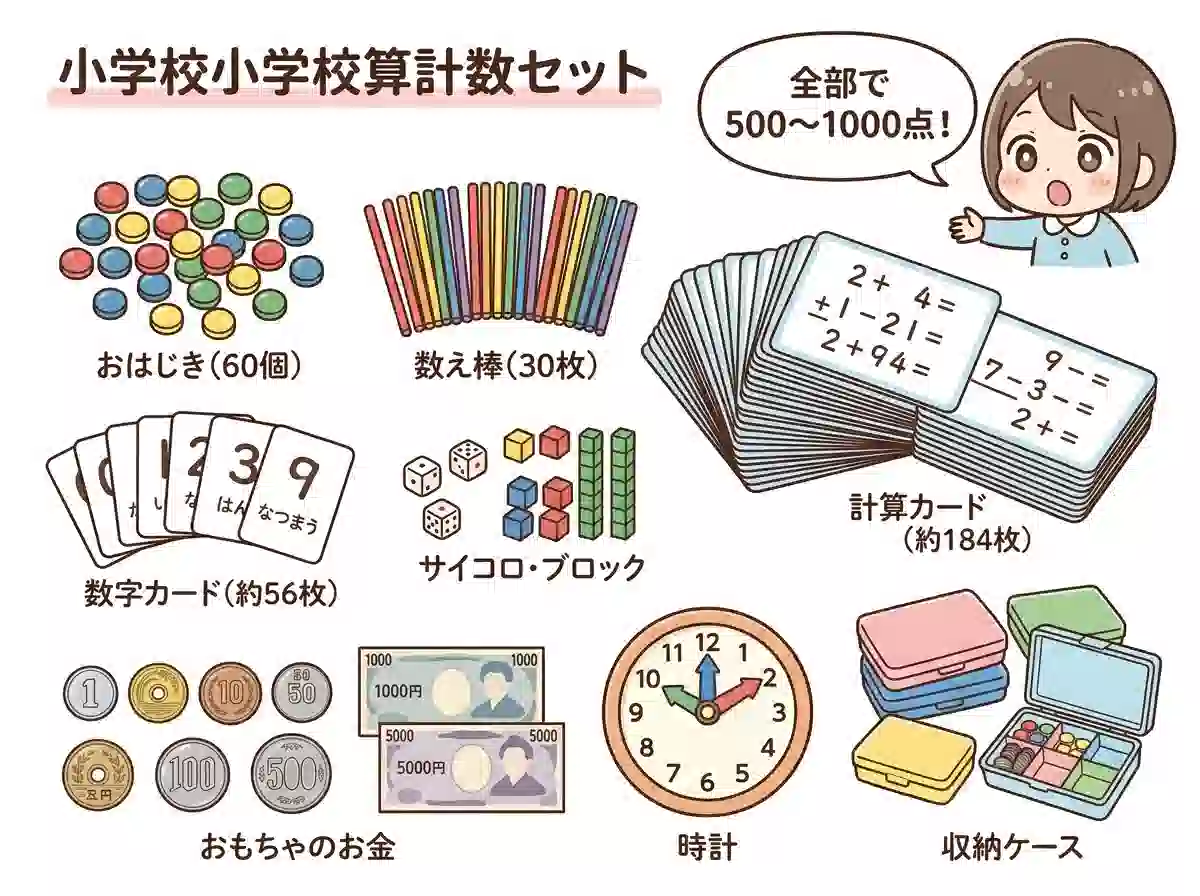 小学校の算数セットの中身一覧 - おはじき、数え棒、計算カード、サイコロなど500〜1000個のパーツを示すイラスト