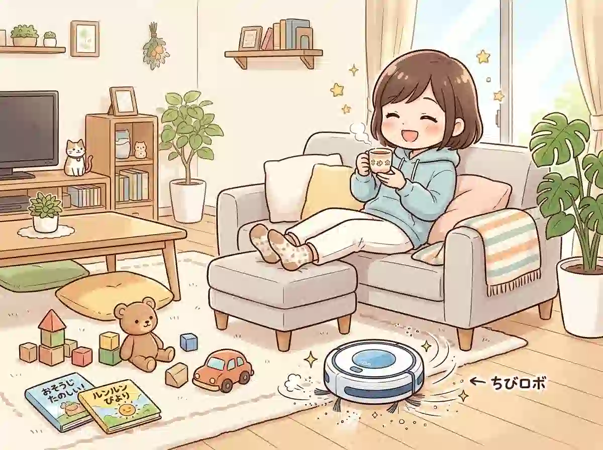 小型ロボット掃除機が自動で掃除する様子 - おもちゃが散らかったリビングでもラクに掃除できて寛ぐママのイラスト