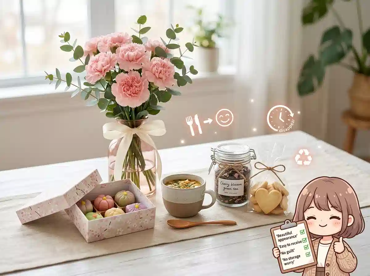 義母に喜ばれる消えもの+花のギフトセット - カーネーションと和菓子やスープの組み合わせ例