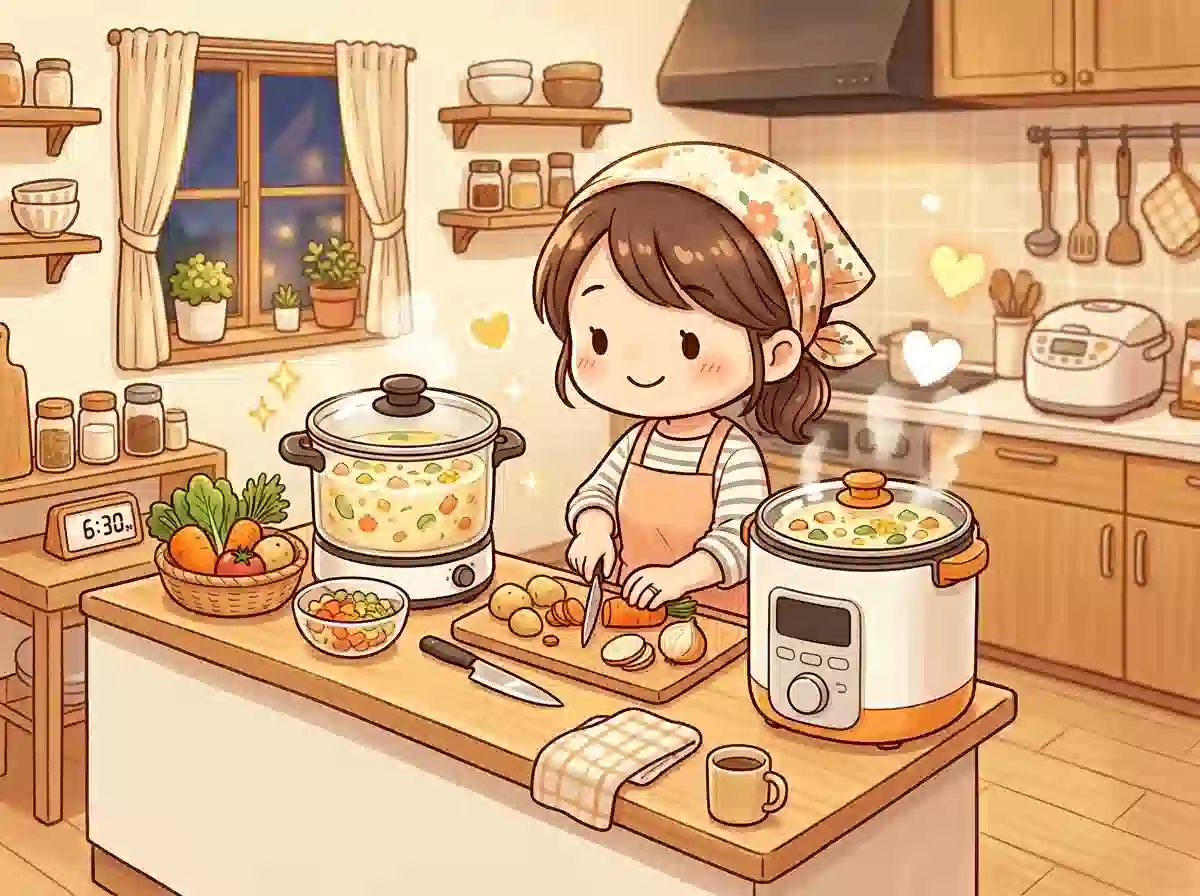 自動調理器でスープを作る様子 - 材料を入れるだけで手間なく夕食の一品が完成する便利な家電とママのイラスト