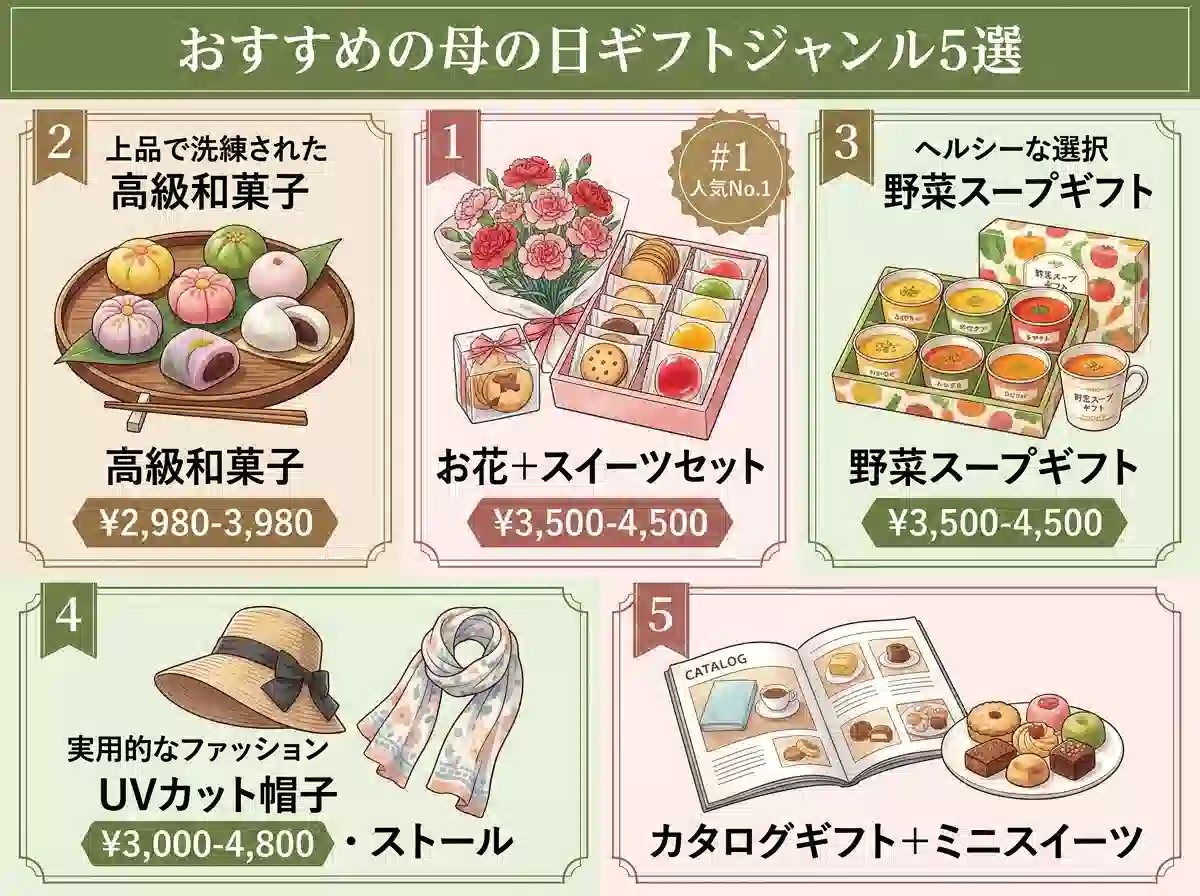 義母への母の日おすすめギフト5ジャンル - 花+スイーツ、和菓子、スープ、帽子、カタログギフトの価格帯別カタログ