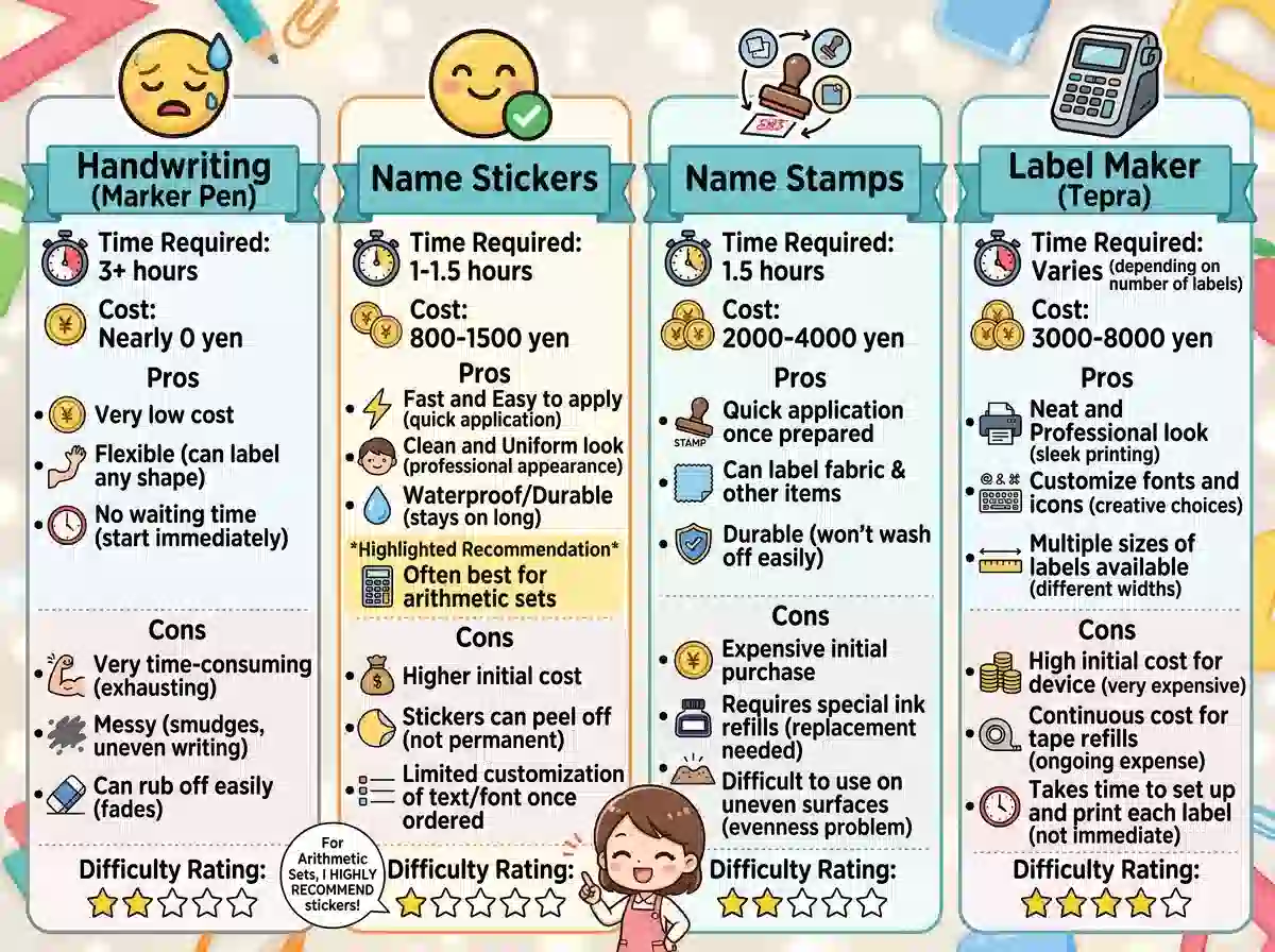 名前つけ4つの方法比較 - 手書き・お名前シール・スタンプ・テプラの時間・コスト・難易度を比較したインフォグラフィック