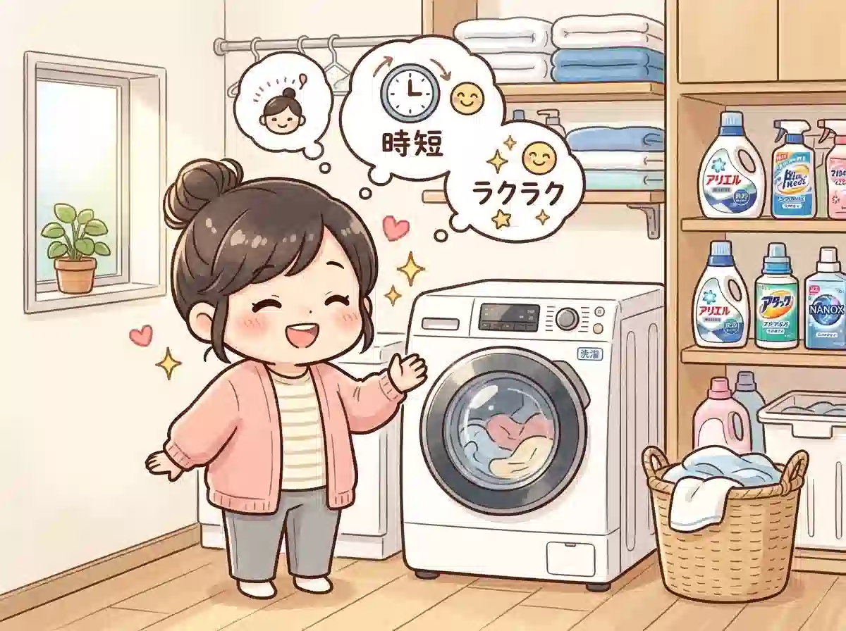 コンパクトドラム式洗濯機で家事がラクになった様子 - 小さな洗面所でも設置できる時短家電に満足するママのイラスト