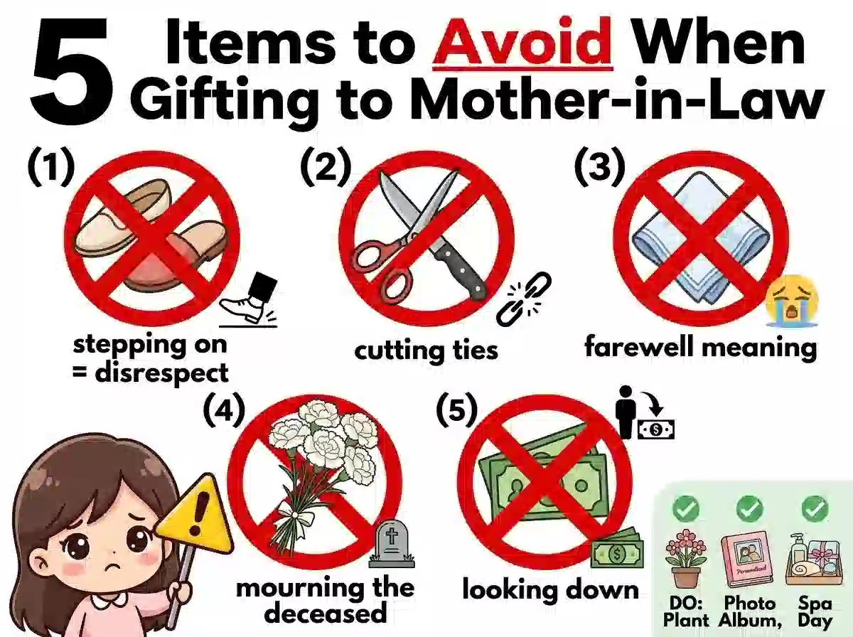 義母への贈り物で避けるべきNGアイテム5選 - 靴・刃物・ハンカチ・白いカーネーション・現金の禁止理由を示すインフォグラフィック