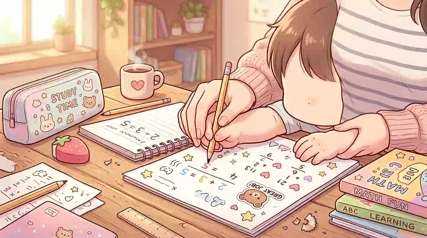  親子の手元、鉛筆を持つ小さな手