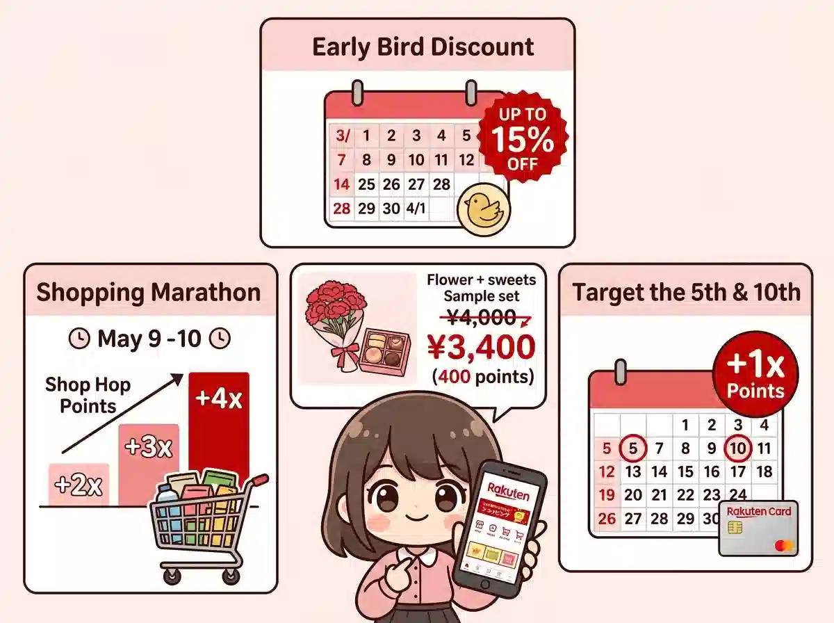 楽天で母の日ギフトをお得に買う方法 - 早割・マラソン・5と0のつく日を活用したポイント攻略図