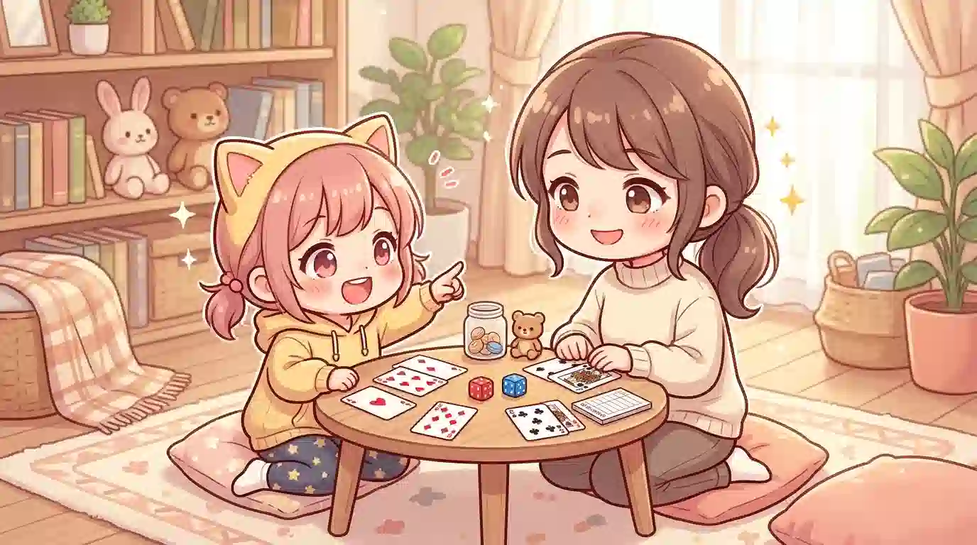 サイコロとトランプで遊ぶ親子