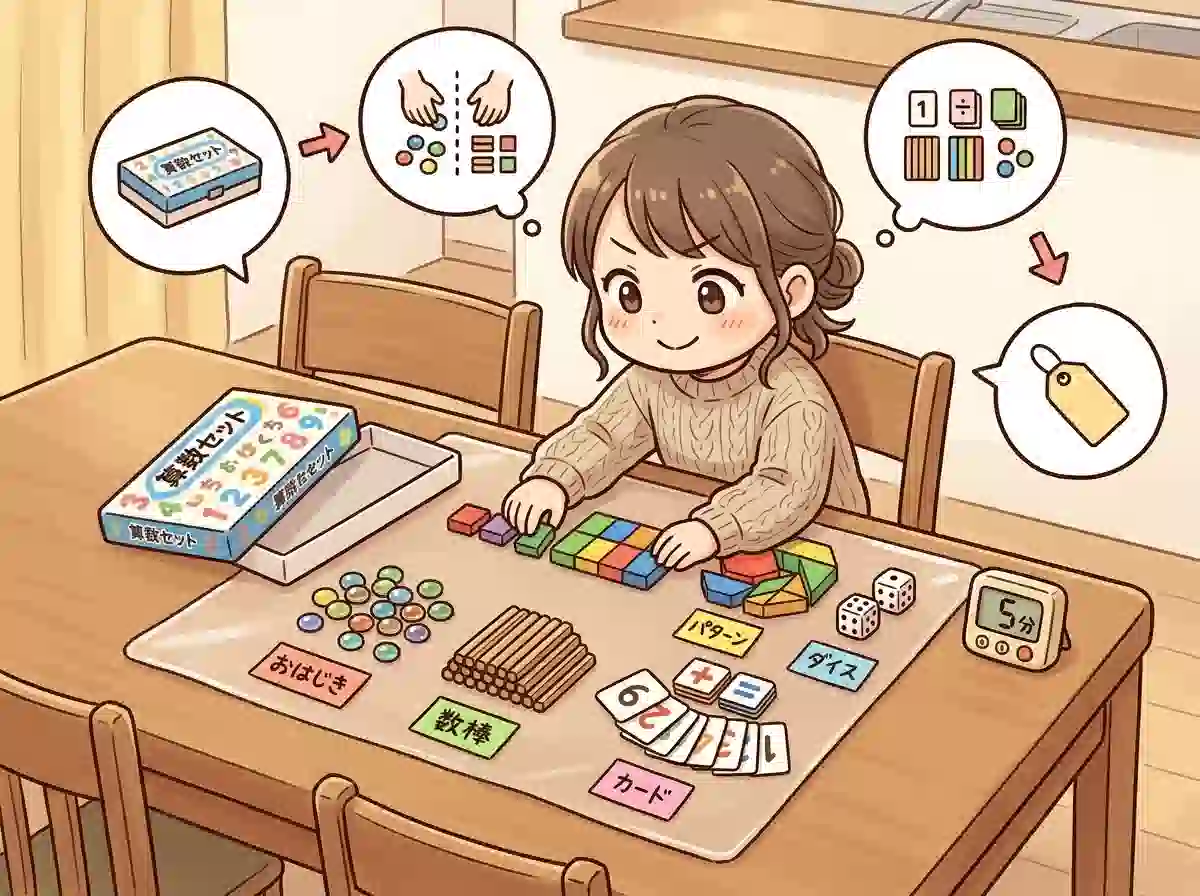 算数セットのパーツを種類別に整理して並べる様子 - 効率的な名前つけのための準備段階を示すイラスト
