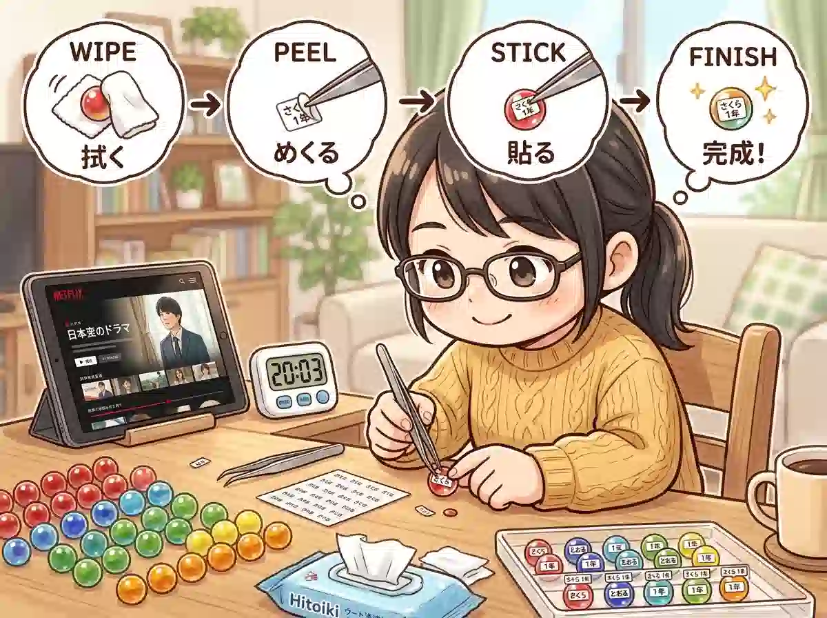 おはじきに極小お名前シールをピンセットで貼る様子 - 最難関パーツの効率的な攻略法を示すイラスト