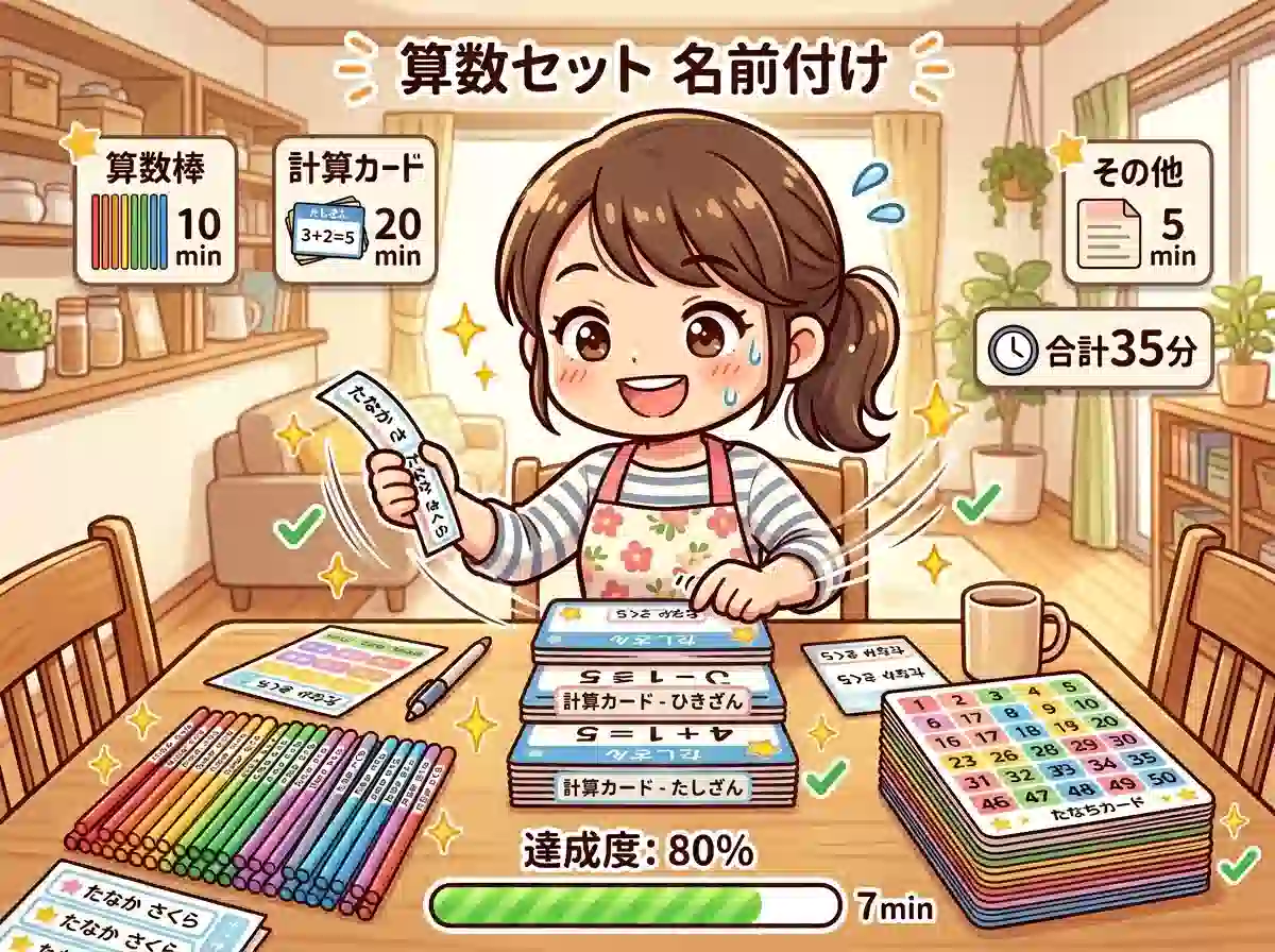 計算カードと数え棒に効率的にシールを貼る様子 - おはじき完了後のボーナスステージを示すイラスト