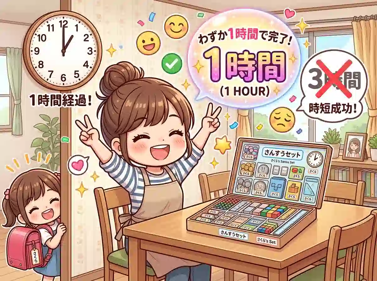 算数セットの名前つけが1時間で完了して喜ぶママと子ども - 入学準備の達成感を示すイラスト