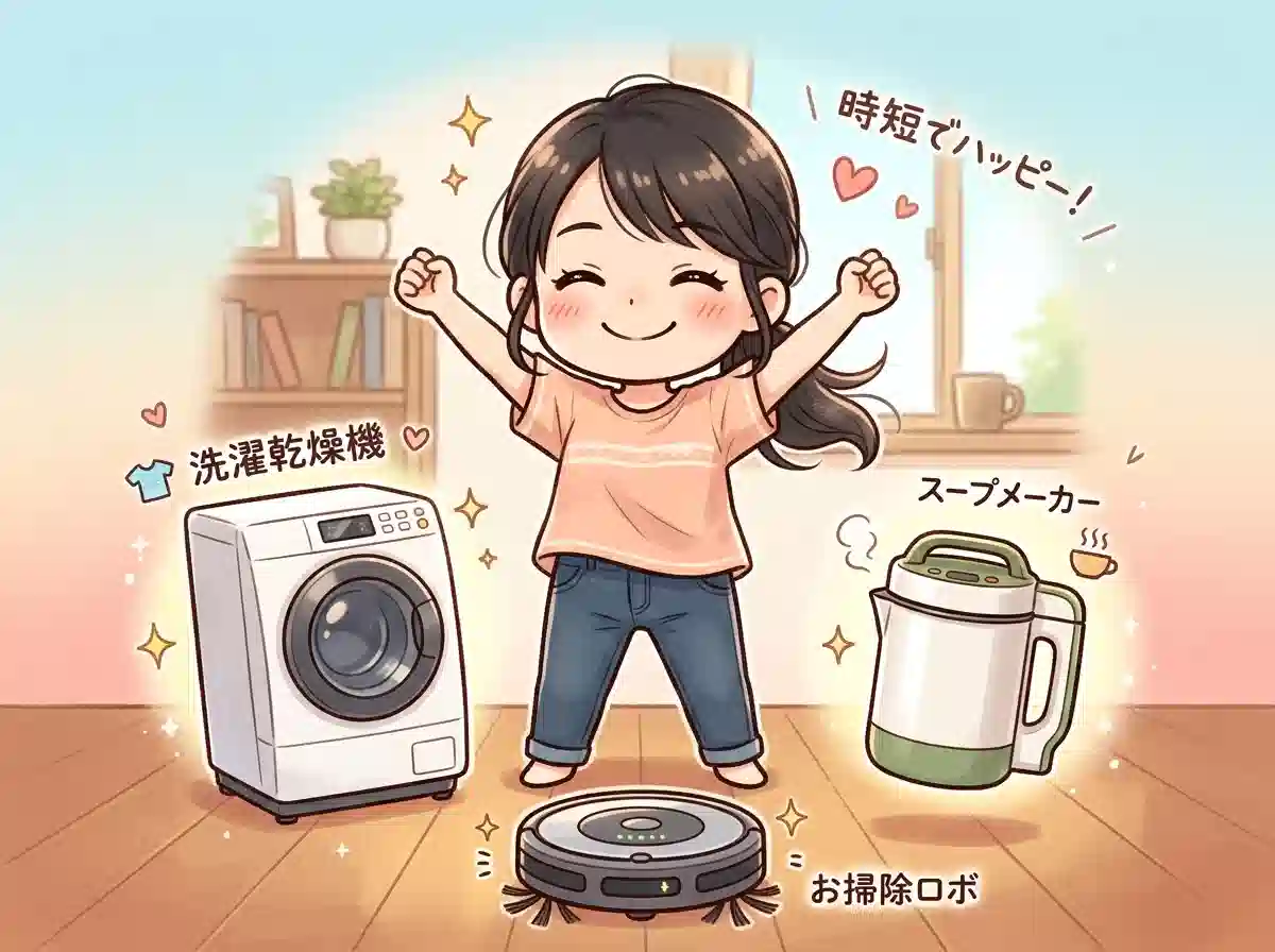 タコス家電で毎日がラクになった笑顔のママ - 3つの時短家電に囲まれて自信と余裕を取り戻したイラスト