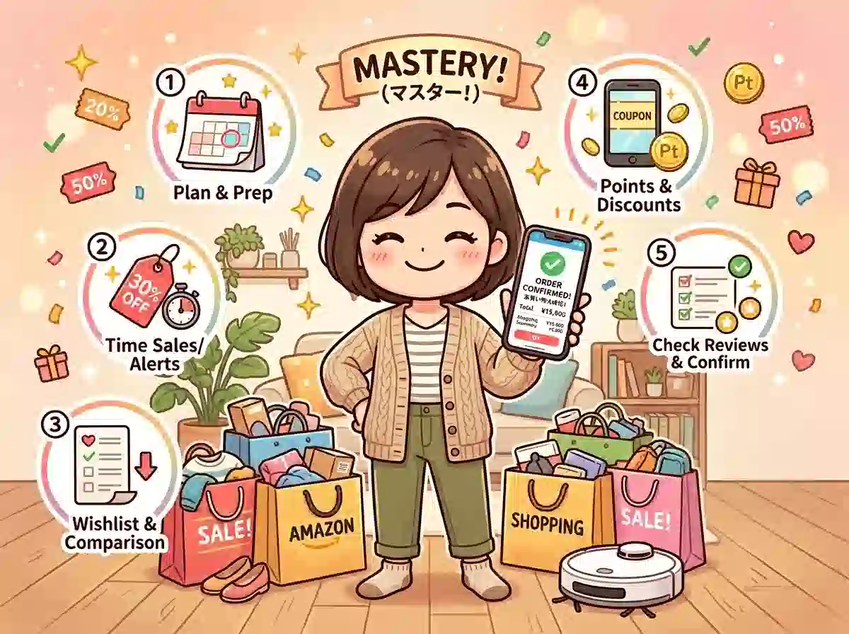 楽天スーパーSALEの5つのコツをマスターして賢く買い物に成功したママ - 満足げな笑顔と買い物成果のイラスト