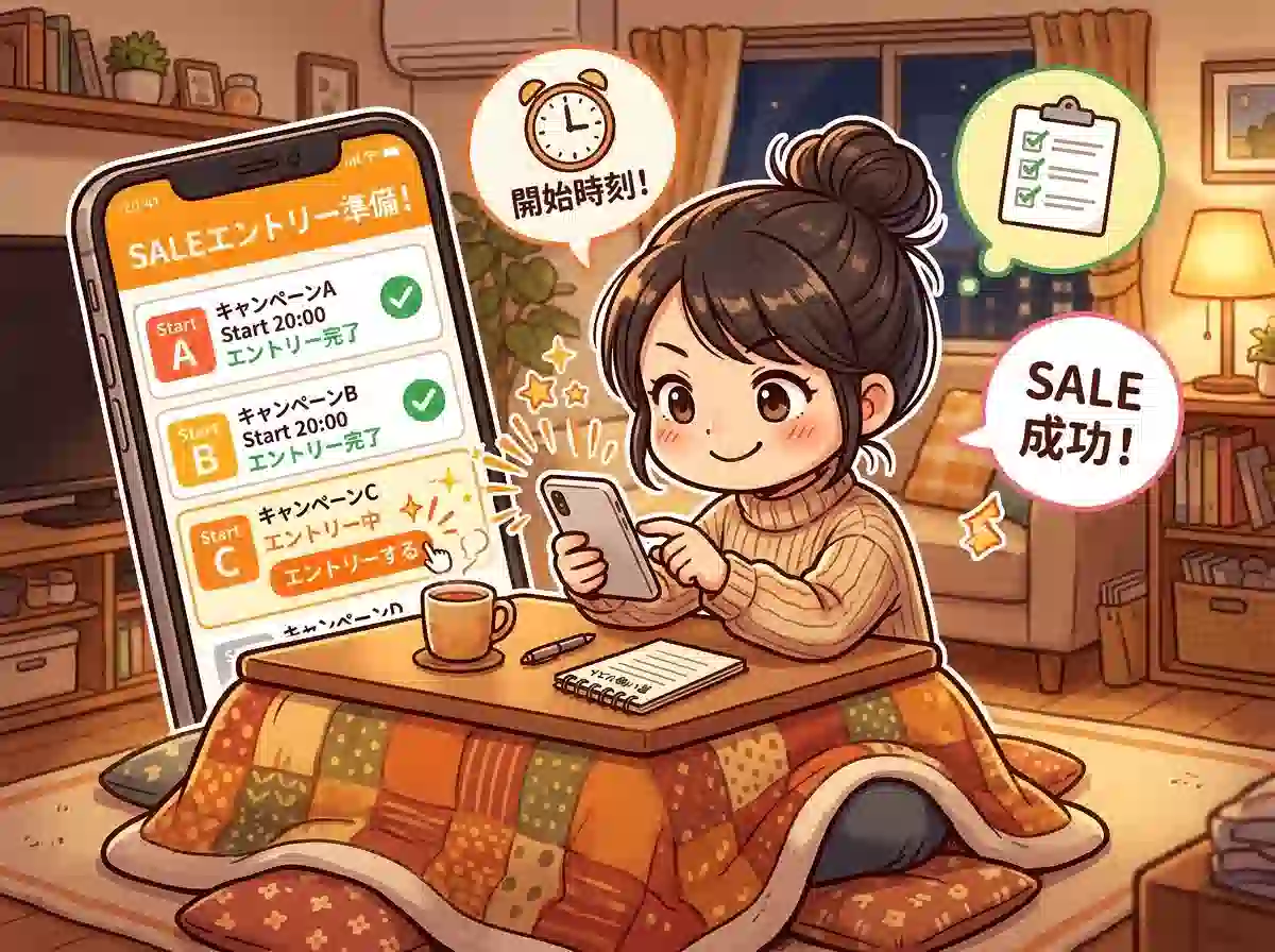 楽天スーパーSALE開始直後にキャンペーンエントリーを済ませる様子 - スマホで集中してエントリーボタンをタップするママのイラスト