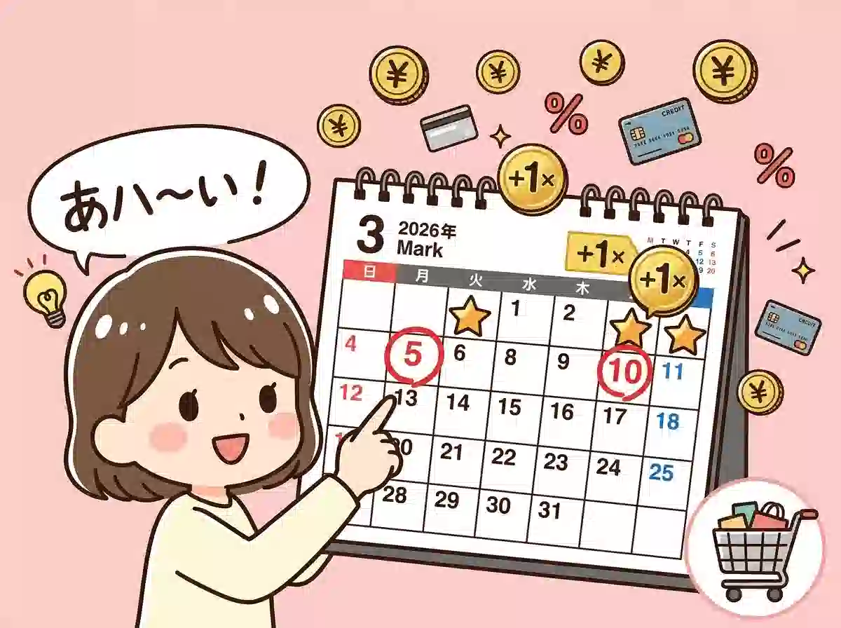 5と0のつく日のポイントアップキャンペーン - カレンダーで特典日をチェックするママのイラスト