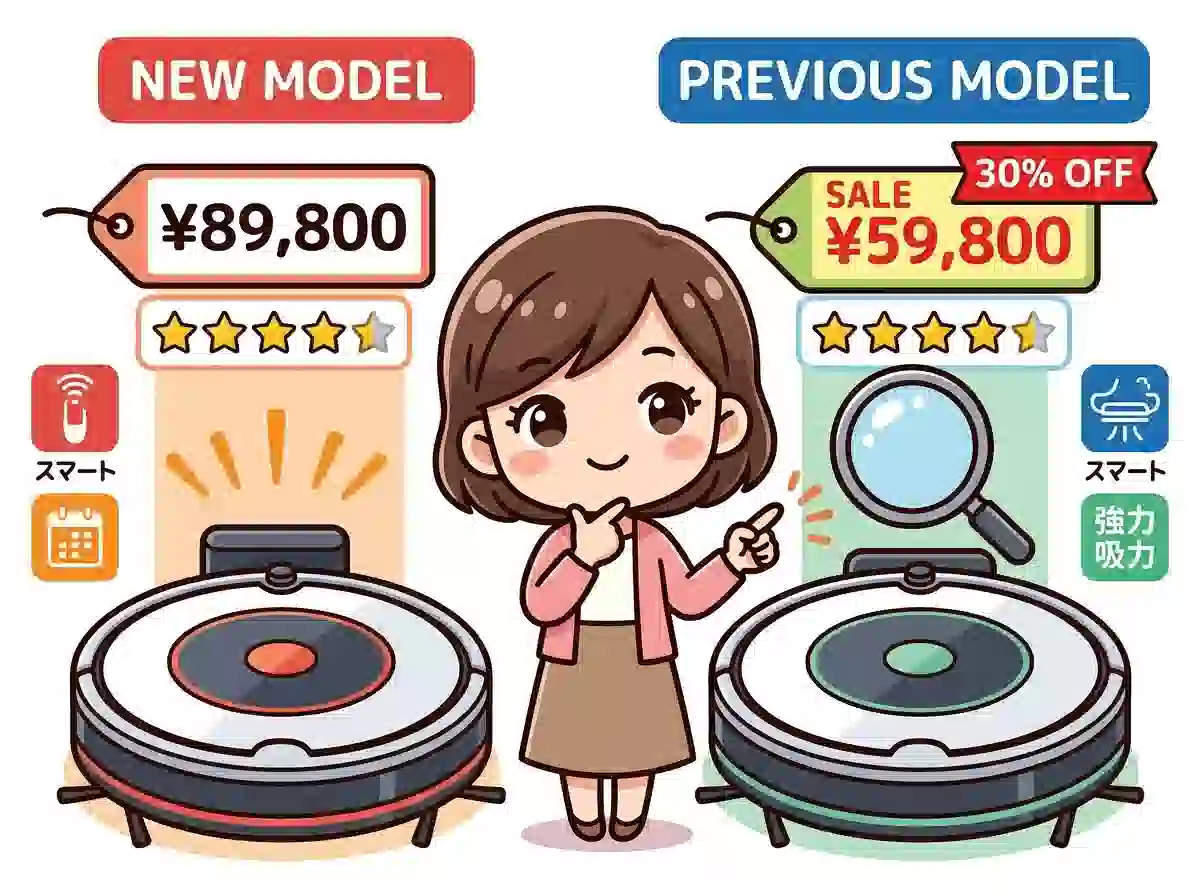 新モデルと型落ちモデルの価格比較 - 機能はほぼ同じで価格が大幅に安い型落ちモデルを選ぶ賢い買い物のイラスト