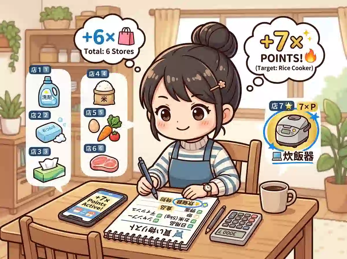 買い回りキャンペーン用の買い物リスト作成 - 消耗品を中心に計画的にリストアップするママのイラスト