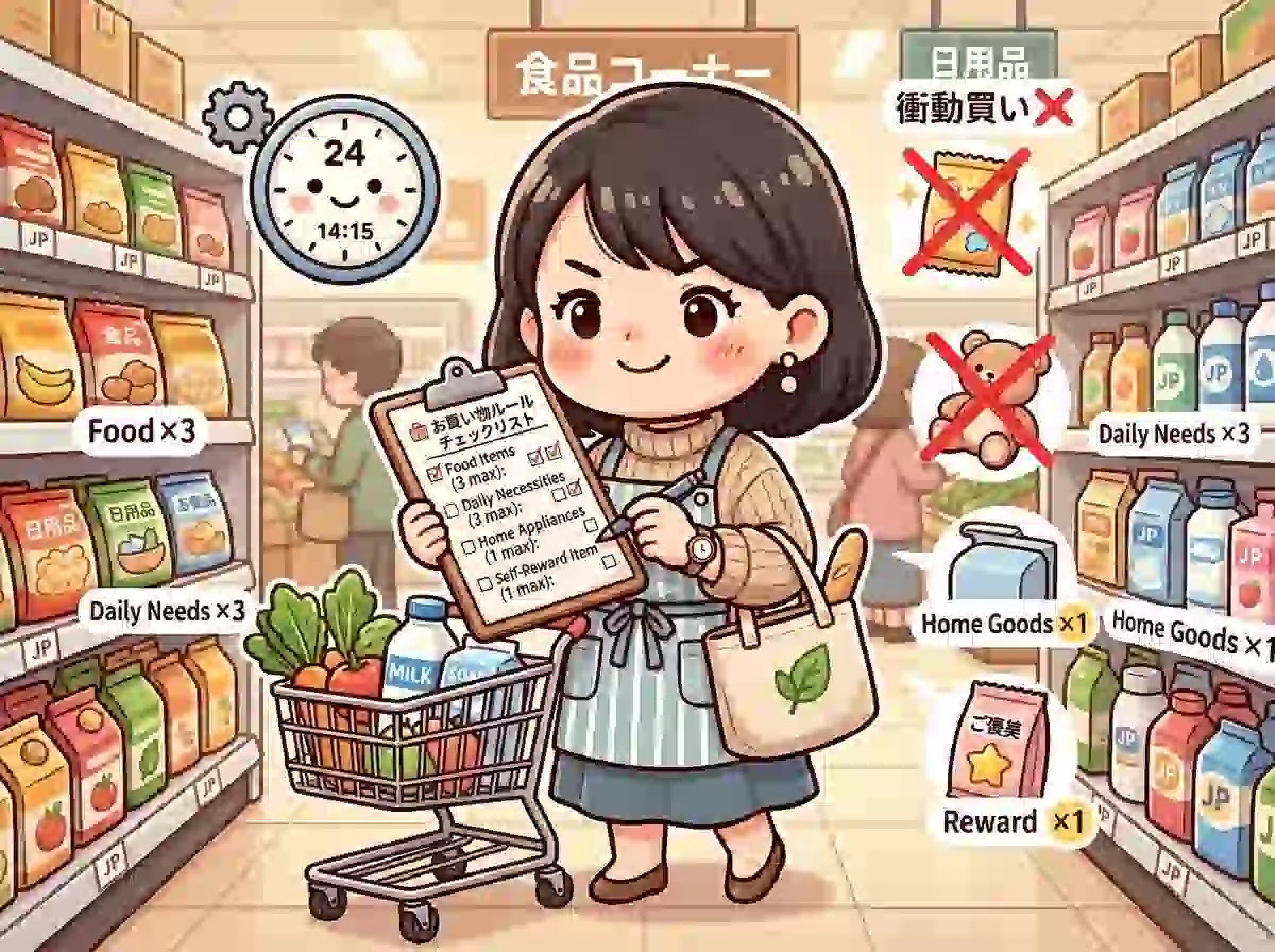 カテゴリ別個数制限ルール - 買いすぎを防ぐためのチェックリストで自己管理するママのイラスト
