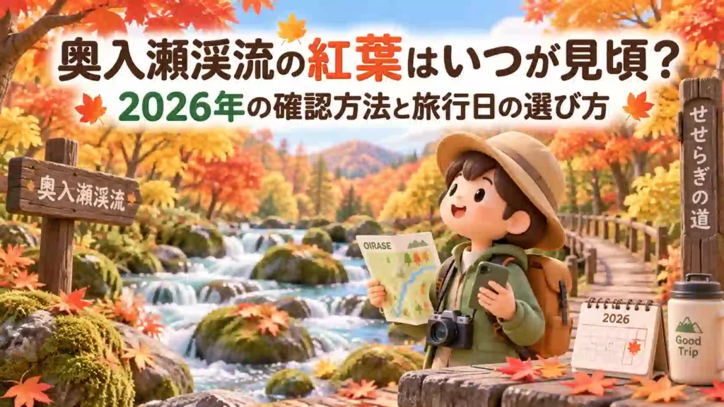 秋色の奥入瀬渓流と遊歩道を描いた紅葉見頃ガイドのイメージ
