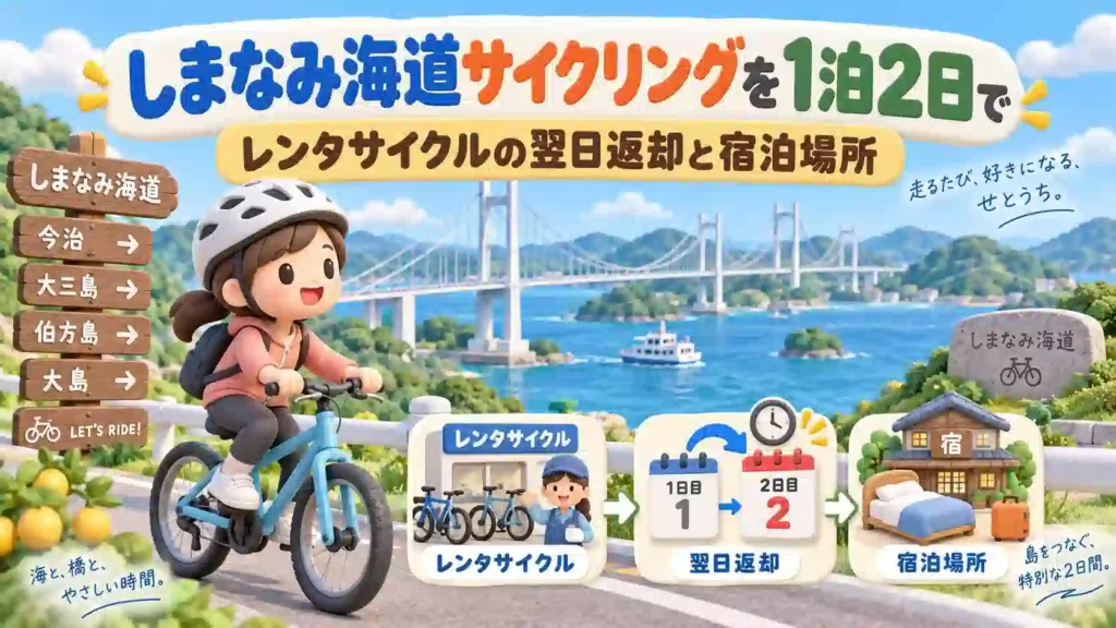 しまなみ海道をレンタサイクルで1泊2日走る計画と宿泊場所の案内