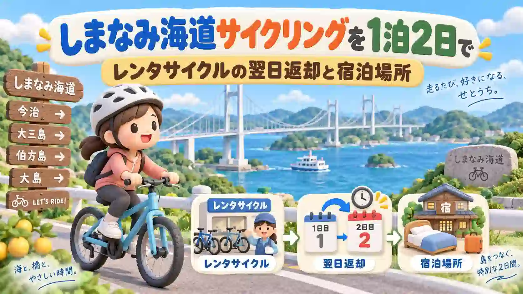しまなみ海道をレンタサイクルで1泊2日走る計画と宿泊場所の案内