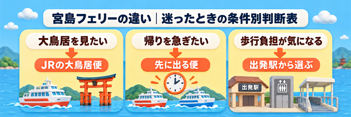 宮島フェリーの違い|迷ったときの条件別判断表