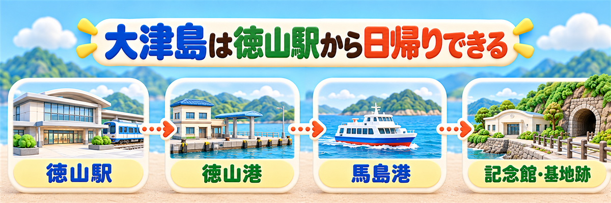 徳山駅から徳山港へ歩き、船で馬島港へ渡って回天記念館と訓練基地跡を巡るルート
