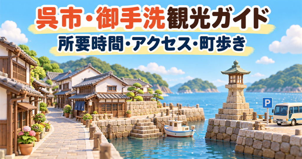 呉市・御手洗の所要時間、アクセス、町歩きを示す3Dクレイ調の観光ガイド画像
