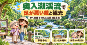 奥入瀬渓流で足が悪い親と観光する際の選択肢を示す3Dイラスト